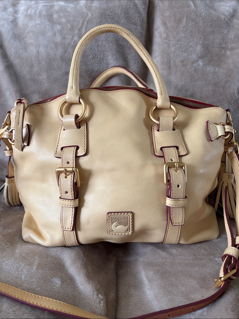 Dooney & Bourke Cream Leather Satchel with Burgundy Trim